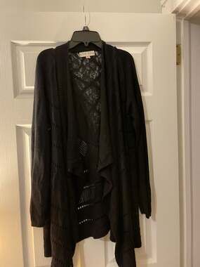 Knox Rose Black Pointelle Drape Front Cardigan with Lace Back Detail XL
